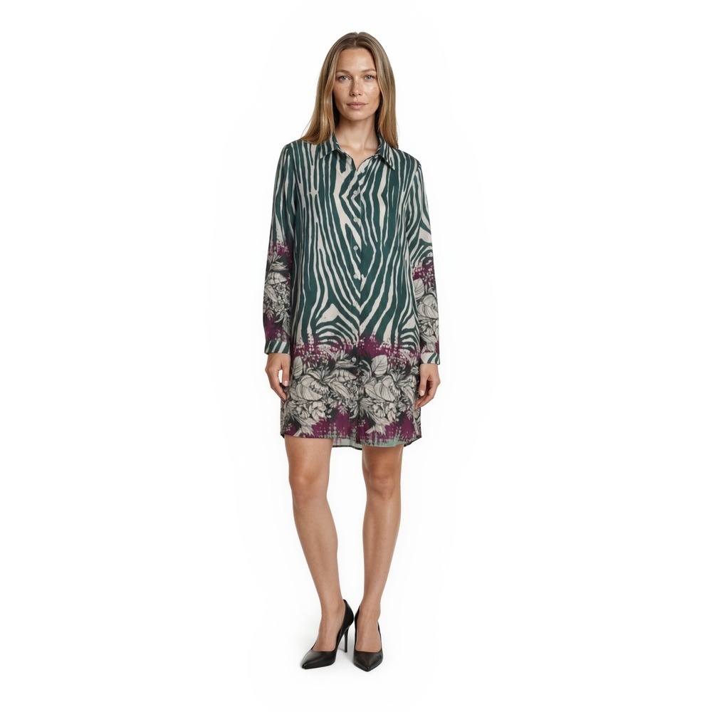 New Kaktus Shirt Dress Women's Size Medium Green Purple Zebra Floral Bohemian